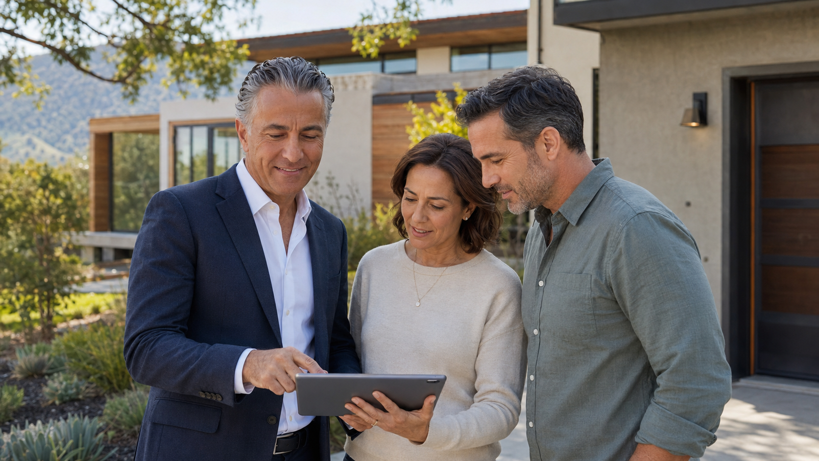 Illustrative scene of Rob Roham advising homeowners outside a residence